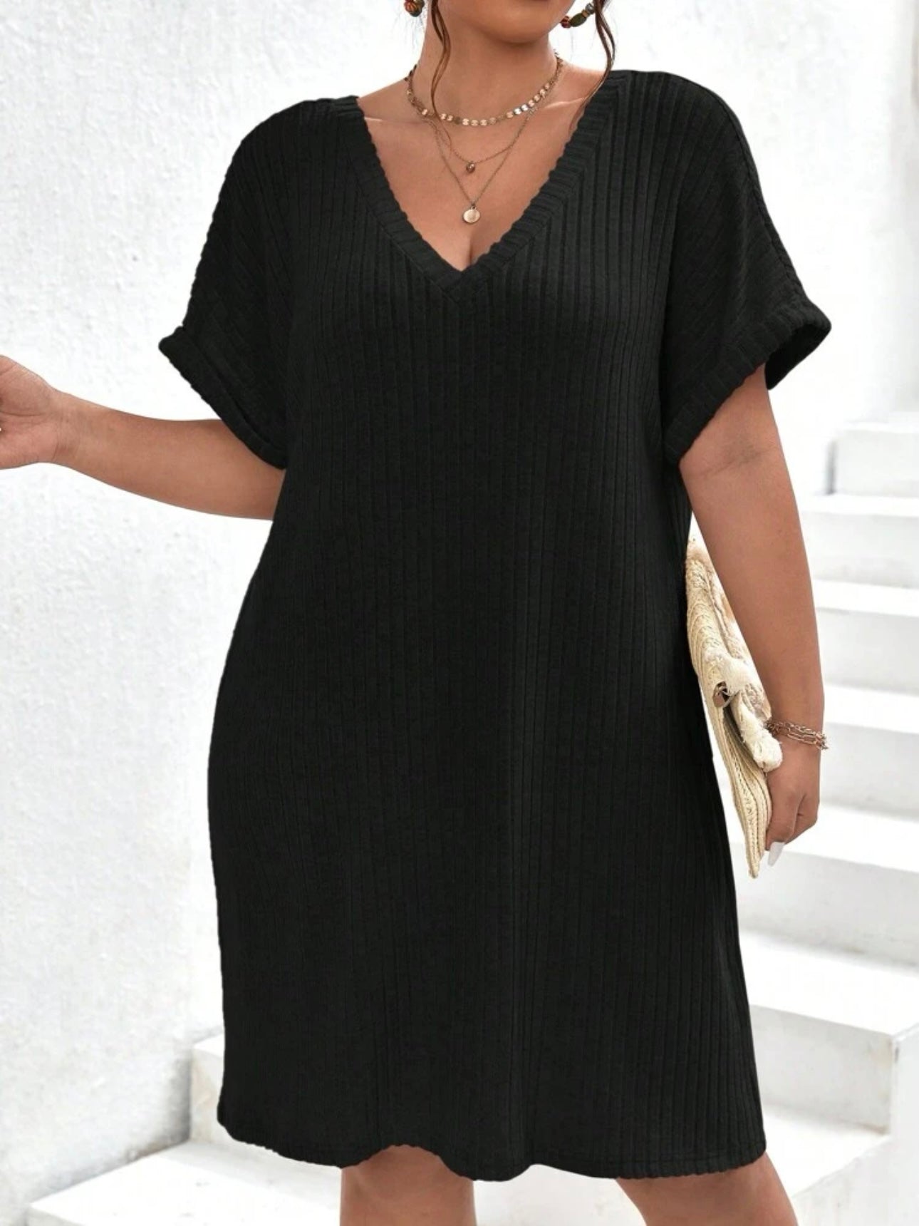 V-neck Fold-up Batwing Sleeve Rib Plus Size Dress