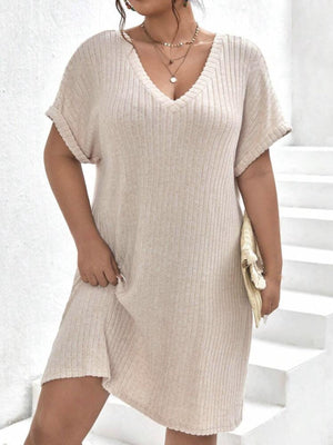 V-neck Fold-up Batwing Sleeve Rib Plus Size Dress