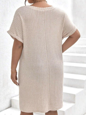 V-neck Fold-up Batwing Sleeve Rib Plus Size Dress