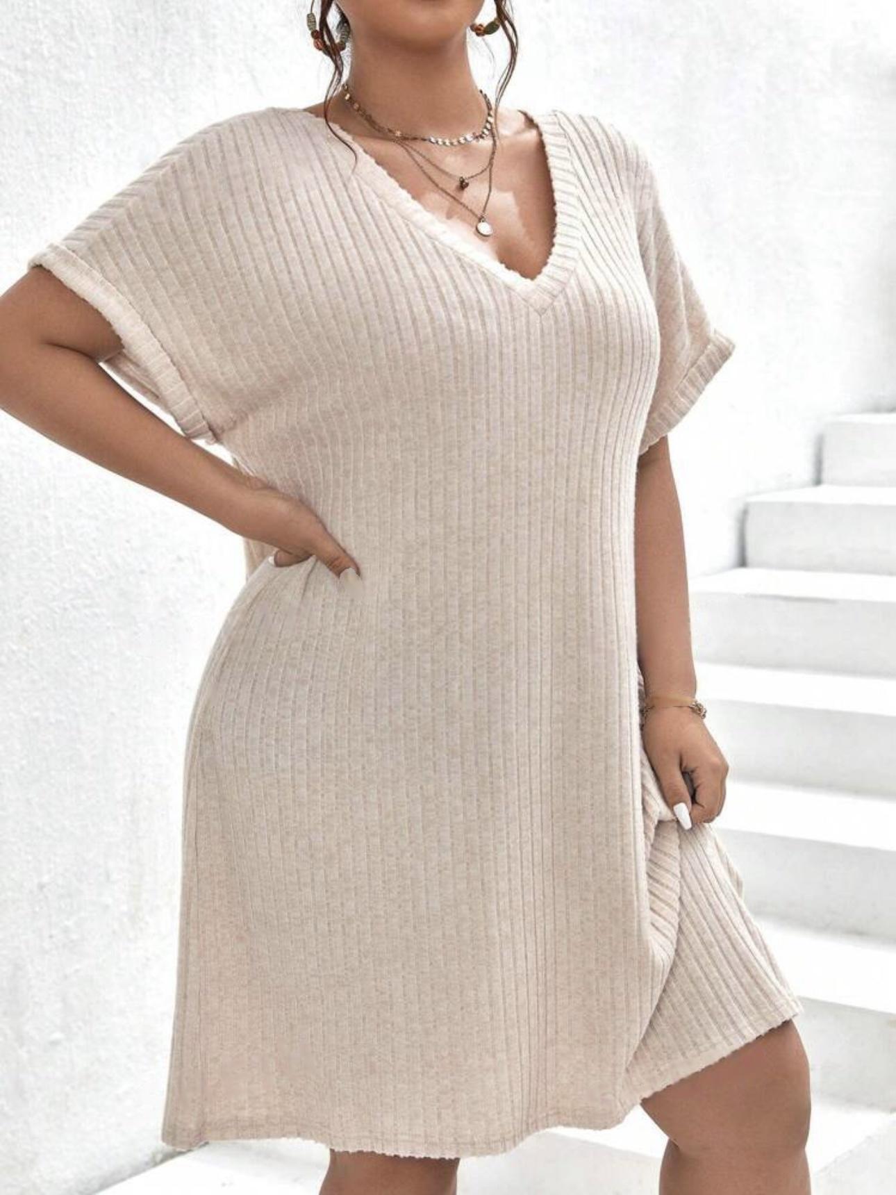 V-neck Fold-up Batwing Sleeve Rib Plus Size Dress