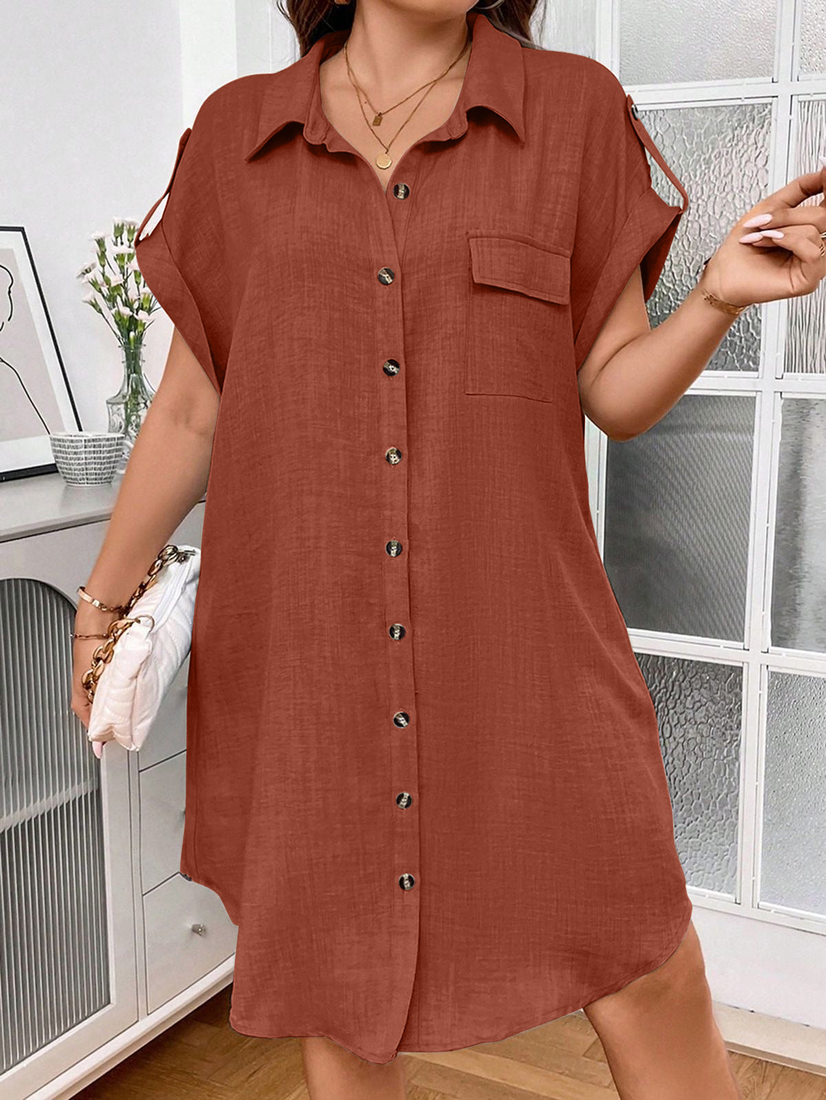 Fold-up Belted Sleeve Button Down Polo Neck One Pocket Plus Size Dress