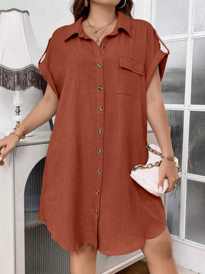 Fold-up Belted Sleeve Button Down Polo Neck One Pocket Plus Size Dress