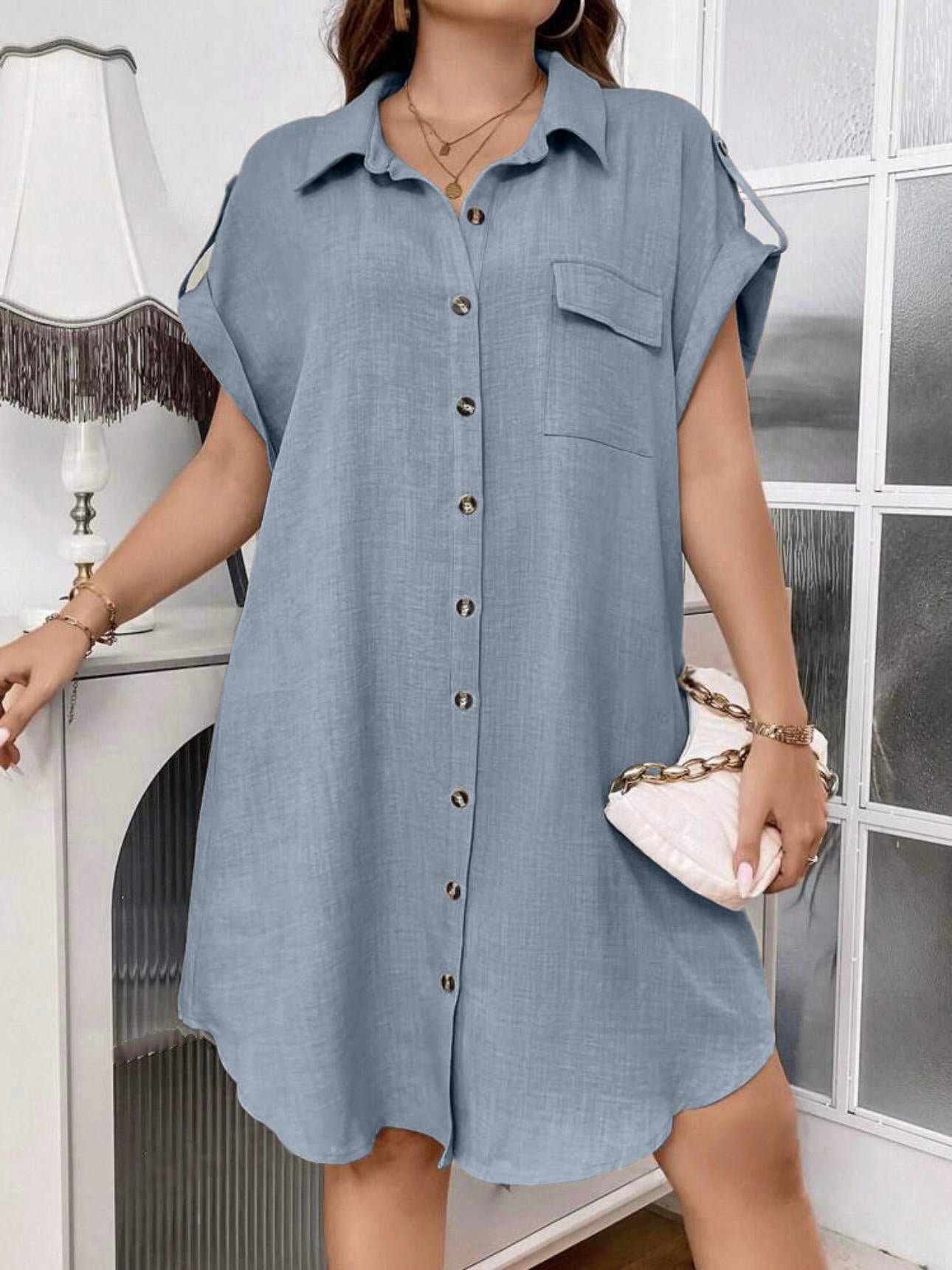 Fold-up Belted Sleeve Button Down Polo Neck One Pocket Plus Size Dress