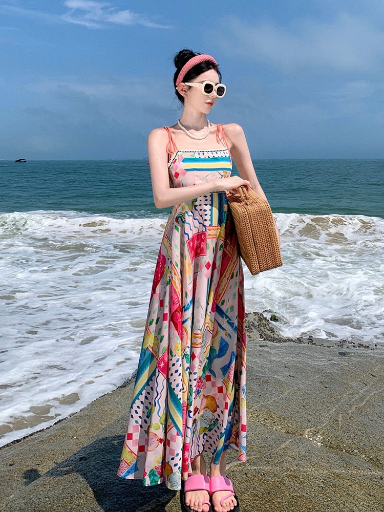 Multi Fun Print Smock Back Summer Vibe Beach Cami Dress