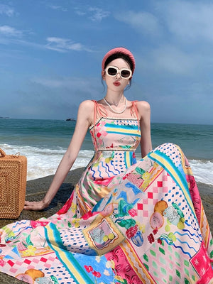 Multi Fun Print Smock Back Summer Vibe Beach Cami Dress