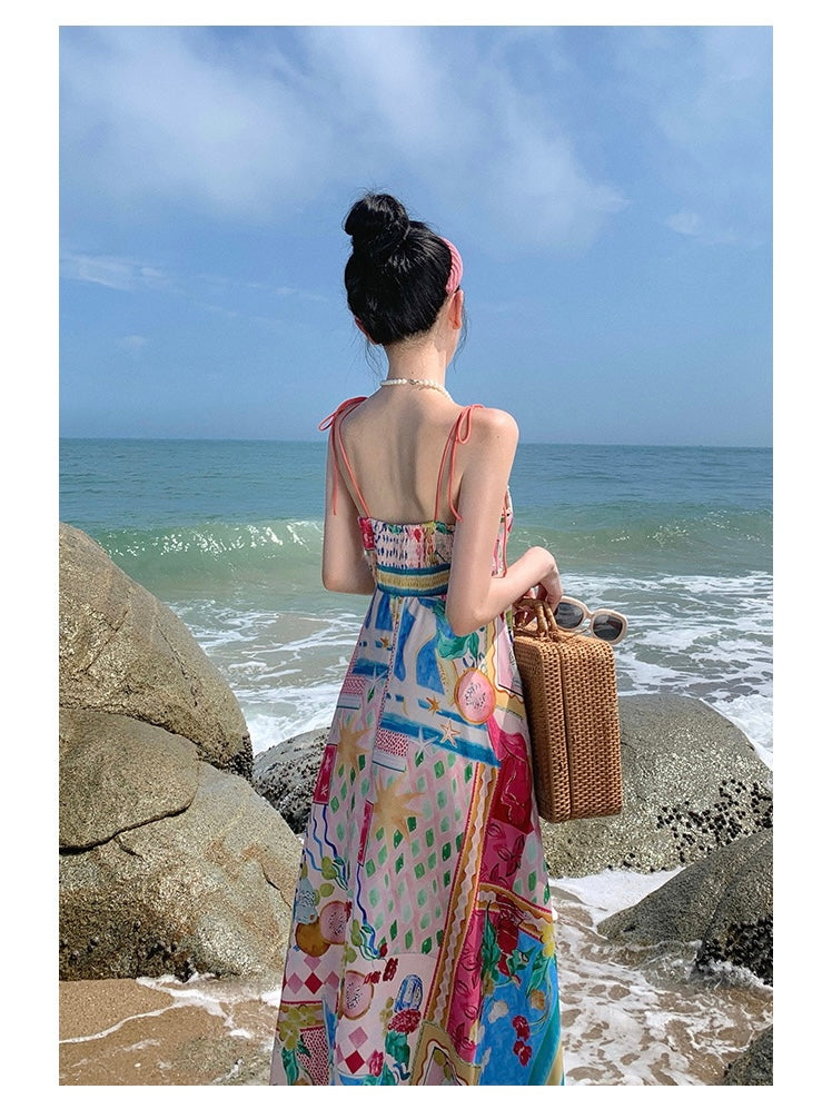 Multi Fun Print Smock Back Summer Vibe Beach Cami Dress