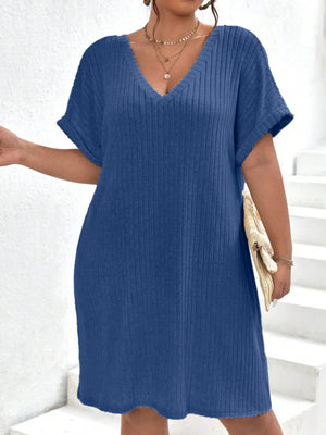 V-neck Fold-up Batwing Sleeve Rib Plus Size Dress