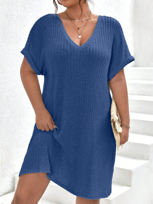 V-neck Fold-up Batwing Sleeve Rib Plus Size Dress