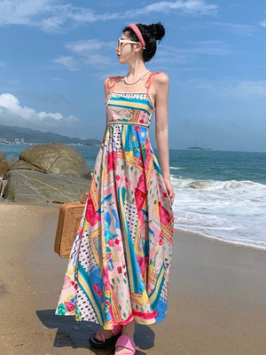 Multi Fun Print Smock Back Summer Vibe Beach Cami Dress