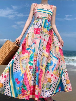 Multi Fun Print Smock Back Summer Vibe Beach Cami Dress