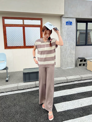 Zipper-up Collar Neck Stripe Top & Wide Leg Pants Oversize Knitted Terno Set Coords