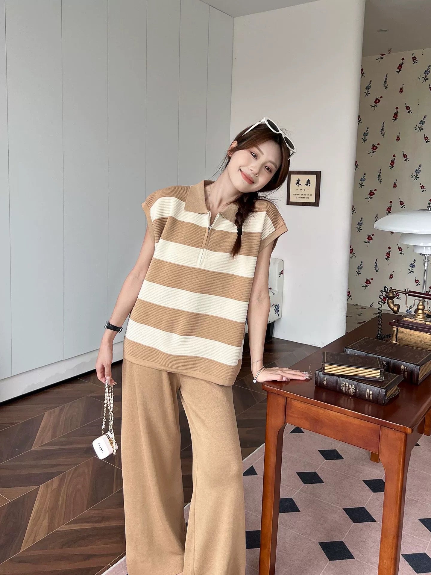 Zipper-up Collar Neck Stripe Top & Wide Leg Pants Oversize Knitted Terno Set Coords