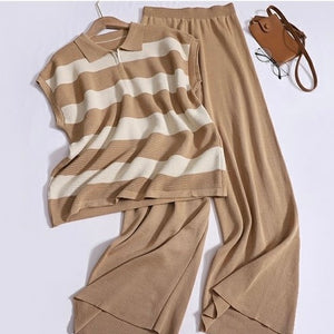 Zipper-up Collar Neck Stripe Top & Wide Leg Pants Oversize Knitted Terno Set Coords