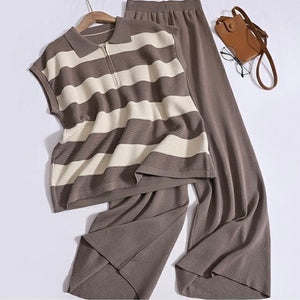 Zipper-up Collar Neck Stripe Top & Wide Leg Pants Oversize Knitted Terno Set Coords