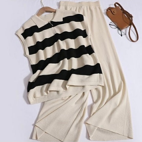 Zipper-up Collar Neck Stripe Top & Wide Leg Pants Oversize Knitted Terno Set Coords