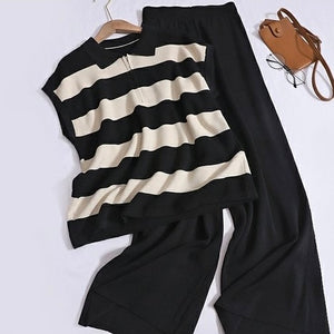 Zipper-up Collar Neck Stripe Top & Wide Leg Pants Oversize Knitted Terno Set Coords