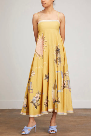 Yellow View Print Shirred Back Cami Dress