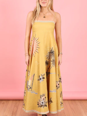 Yellow View Print Shirred Back Cami Dress