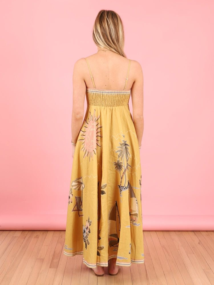 Yellow View Print Shirred Back Cami Dress