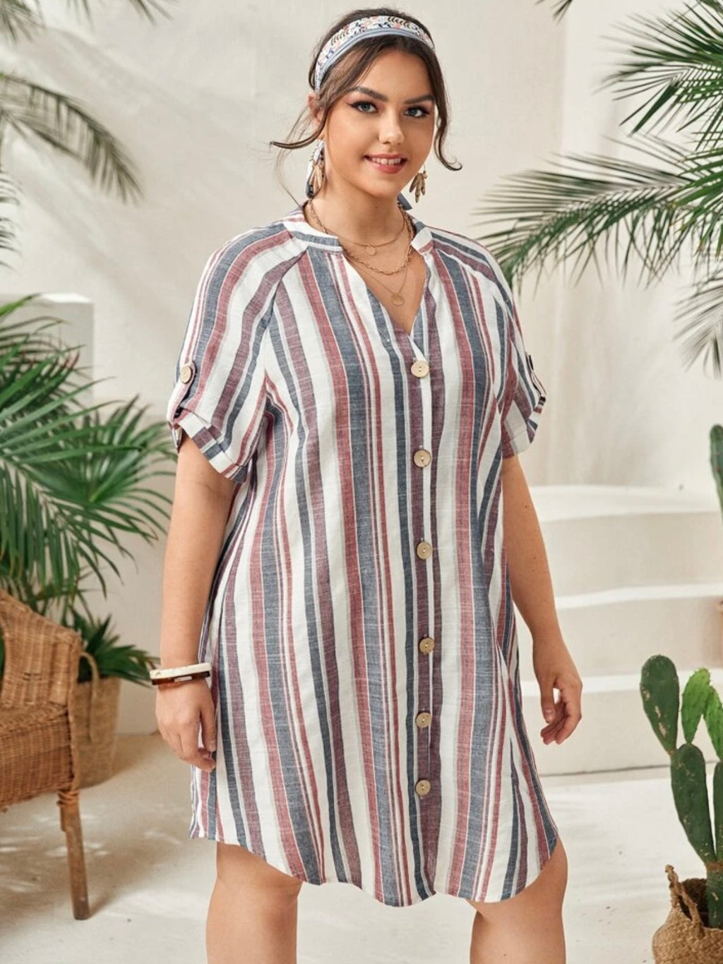 Belted Fold-up Sleeve Button Down Multi Stripe Plus Size Polo Shirt Dress