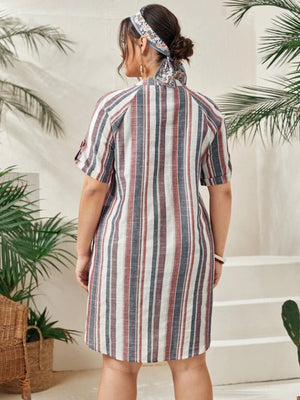 Belted Fold-up Sleeve Button Down Multi Stripe Plus Size Polo Shirt Dress