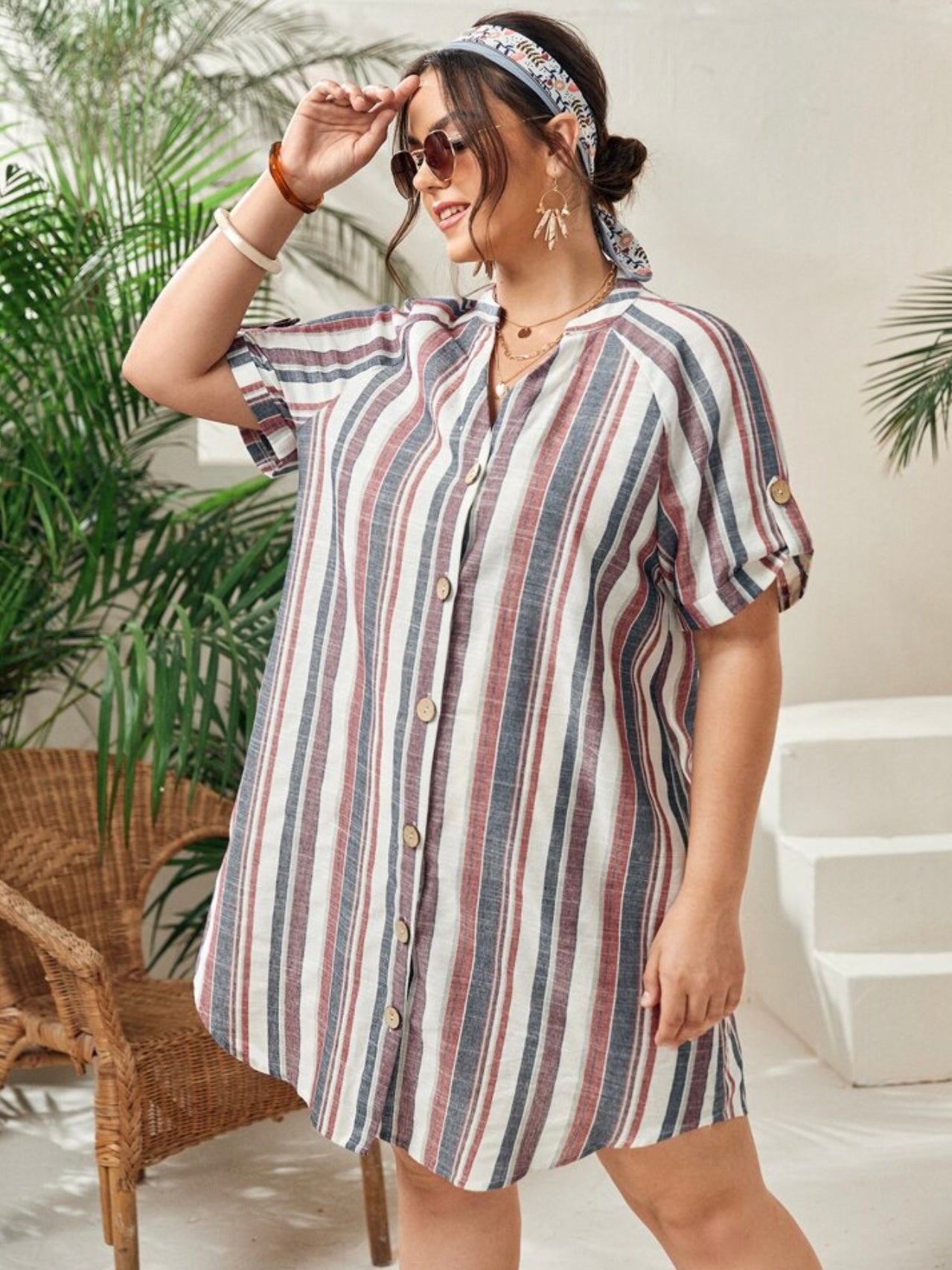 Belted Fold-up Sleeve Button Down Multi Stripe Plus Size Polo Shirt Dress