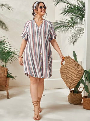 Belted Fold-up Sleeve Button Down Multi Stripe Plus Size Polo Shirt Dress