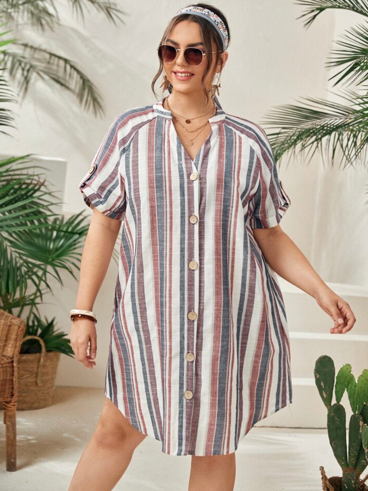 Belted Fold-up Sleeve Button Down Multi Stripe Plus Size Polo Shirt Dress