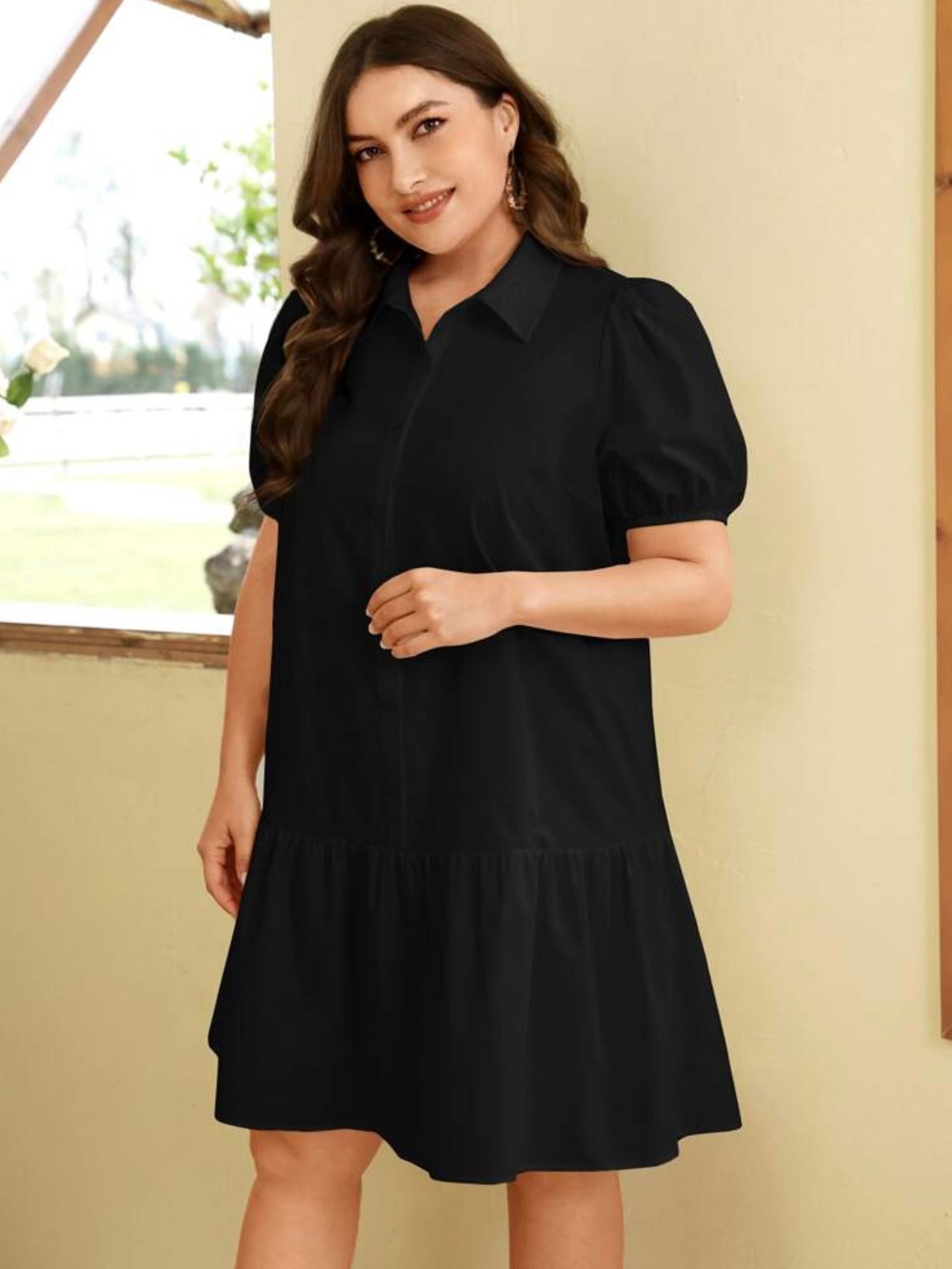 Button Down Patch Hem Polo Neck Elastic Sleeve Plus Size Shirt Dress