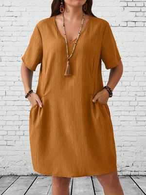 V-neck Side Pocket Solid Plus Size Dress