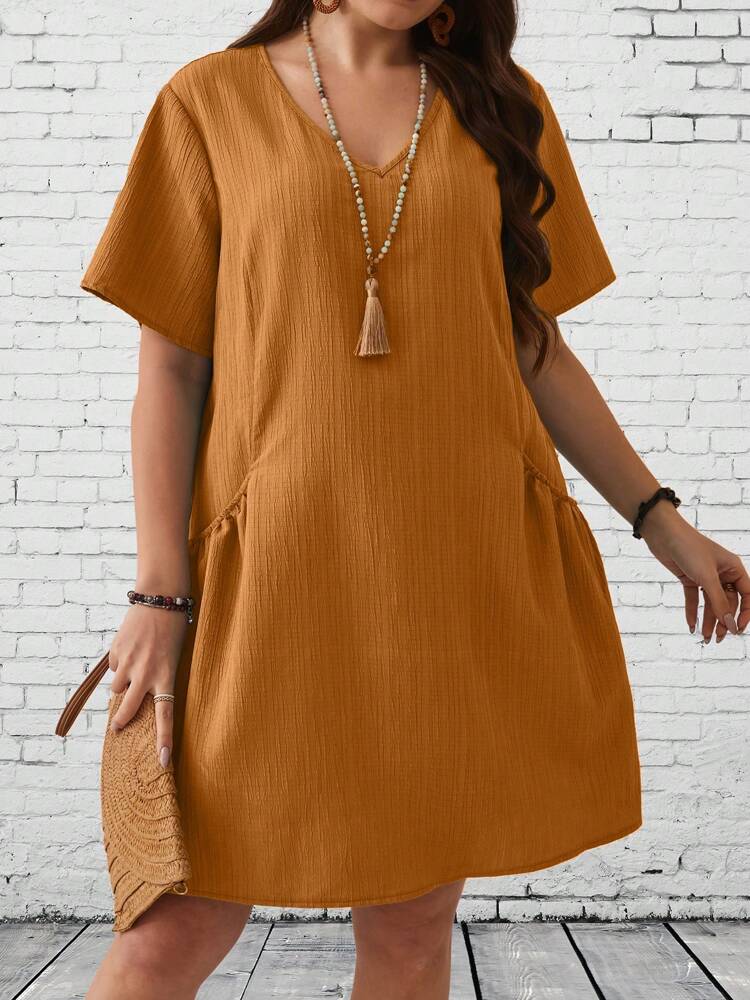 V-neck Side Pocket Solid Plus Size Dress