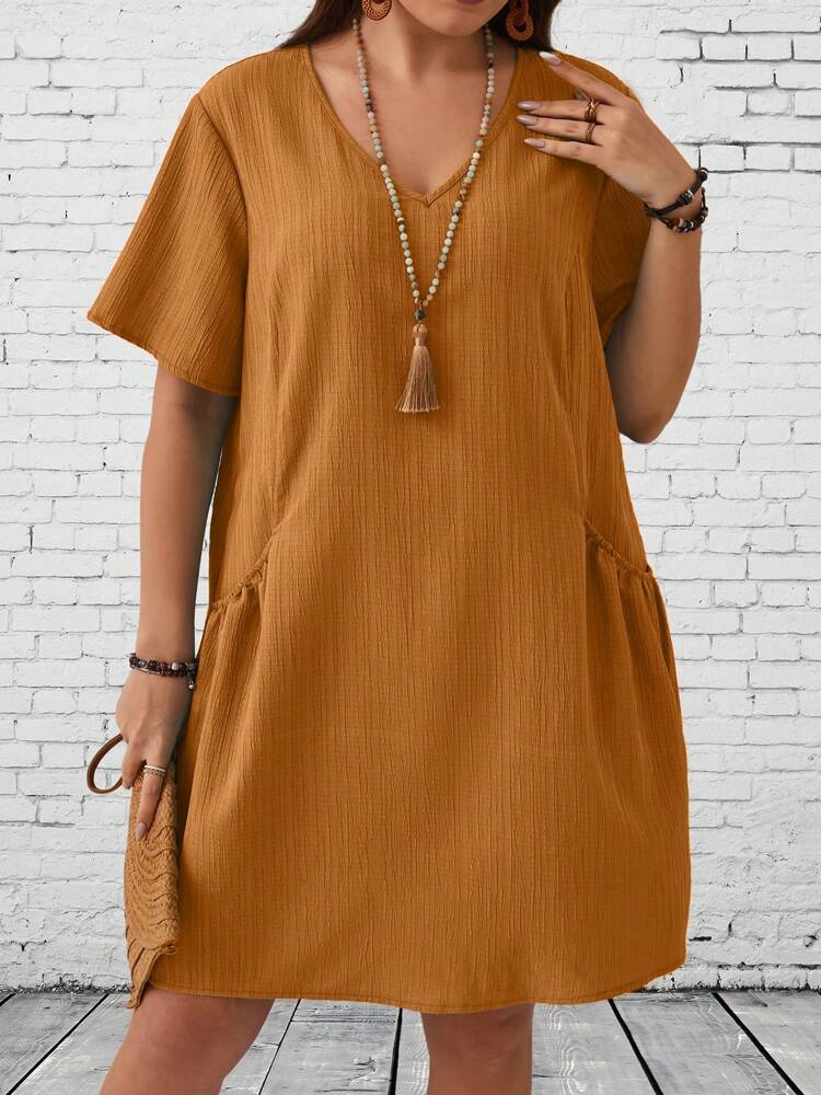 V-neck Side Pocket Solid Plus Size Dress