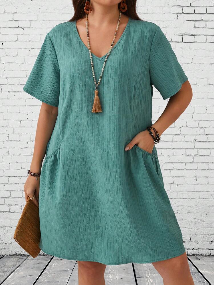 V-neck Side Pocket Solid Plus Size Dress