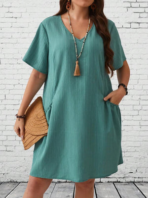 V-neck Side Pocket Solid Plus Size Dress