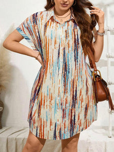 Button Down Fold-up Sleeve Polo Neck Plus Size Shirt Dress