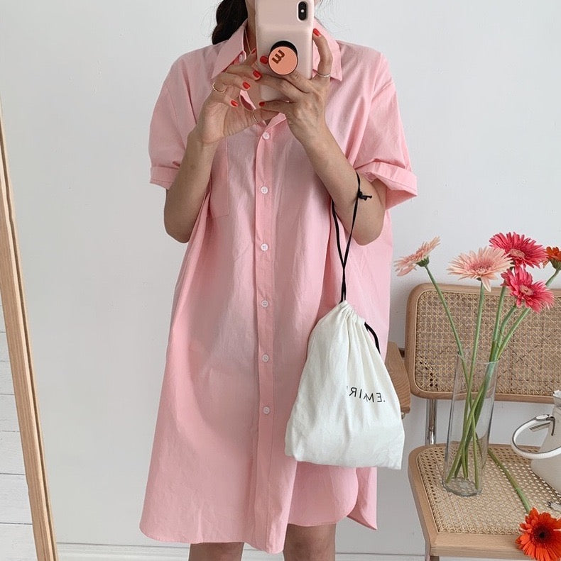 Button Down 1 Pocket Solid Loose Polo Shirt Dress