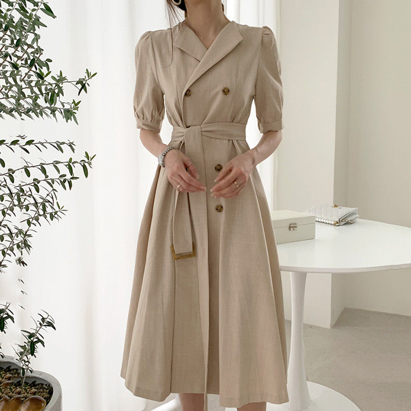 Self Belt Button Down Turn-over Collar Neck Shirt Dress