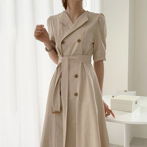 Self Belt Button Down Turn-over Collar Neck Shirt Dress