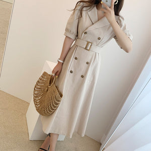 Self Belt Button Down Turn-over Collar Neck Shirt Dress