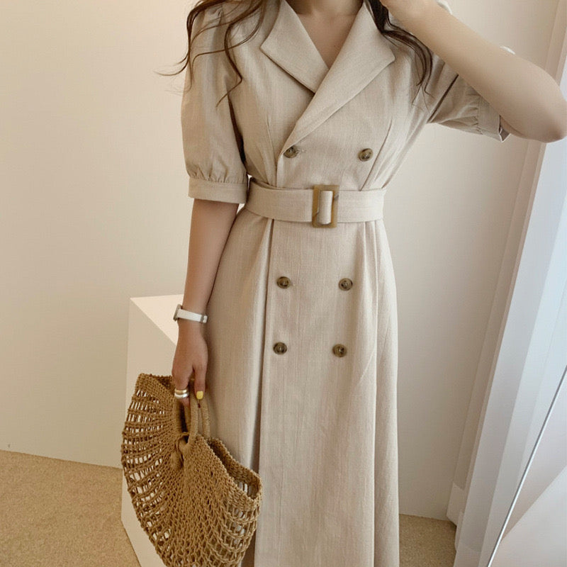 Self Belt Button Down Turn-over Collar Neck Shirt Dress