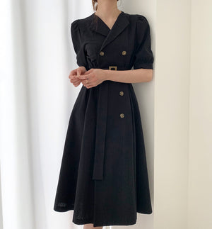 Self Belt Button Down Turn-over Collar Neck Shirt Dress