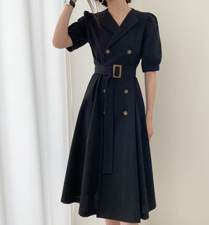 Self Belt Button Down Turn-over Collar Neck Shirt Dress