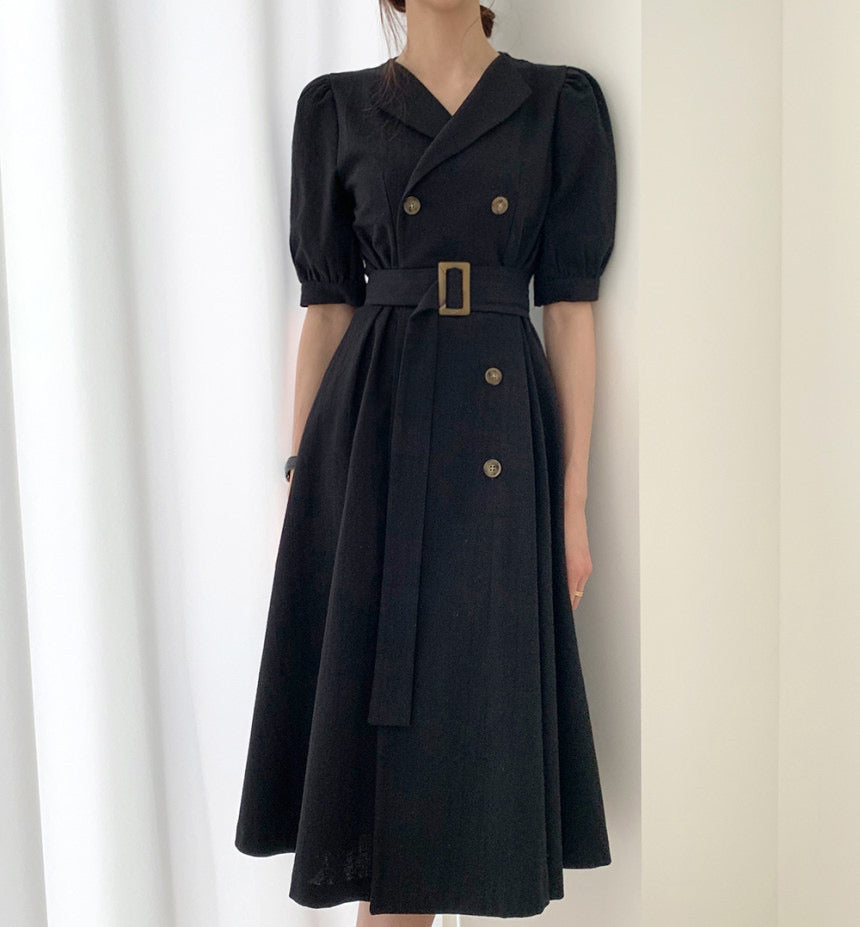 Self Belt Button Down Turn-over Collar Neck Shirt Dress