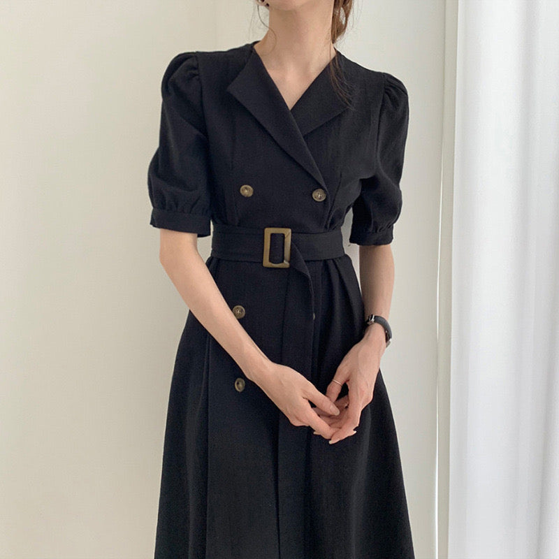 Self Belt Button Down Turn-over Collar Neck Shirt Dress