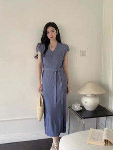 V-neck Self Belt Oversize Knitted Dress