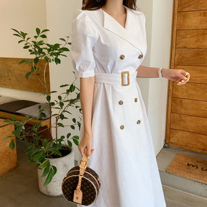 Self Belt Button Down Turn-over Collar Neck Shirt Dress