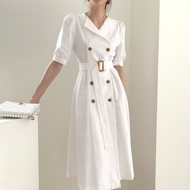 Self Belt Button Down Turn-over Collar Neck Shirt Dress