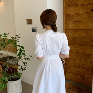 Self Belt Button Down Turn-over Collar Neck Shirt Dress