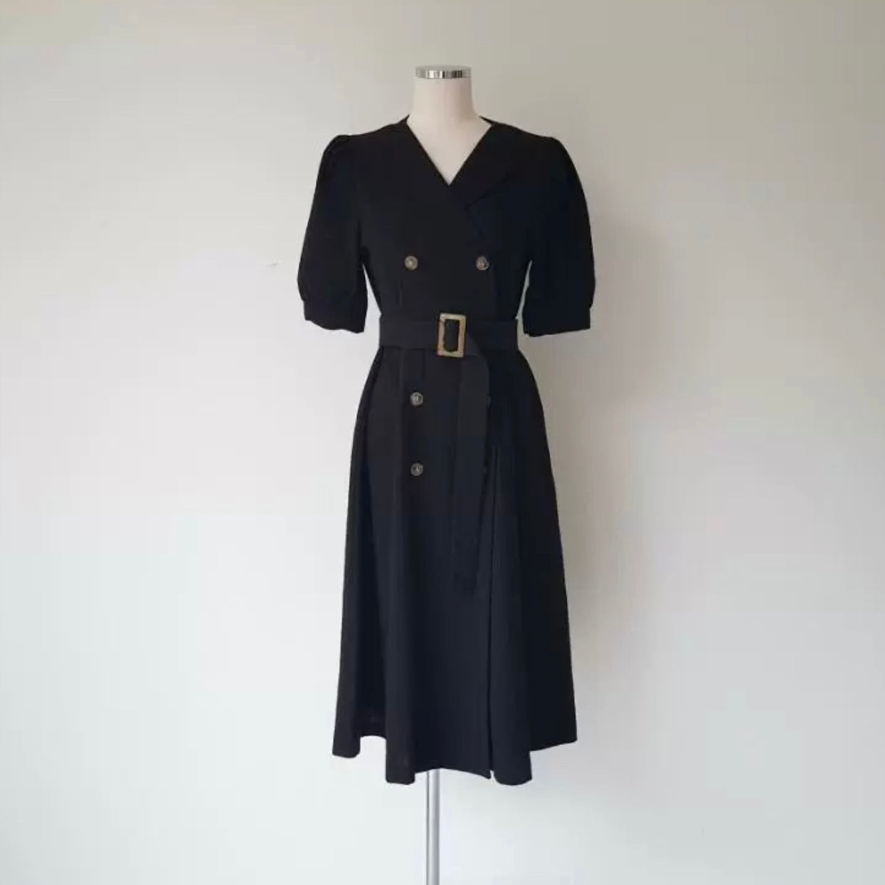 Self Belt Button Down Turn-over Collar Neck Shirt Dress