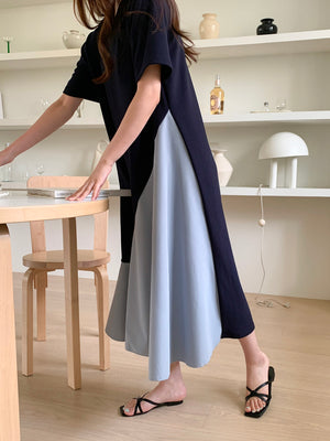 Single Button Back Color Block Retro Loose Dress